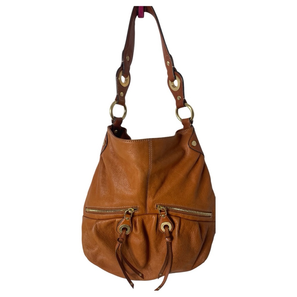 B. Makowsky Tan Shoulder Hobo Bag Soft Leather, Zip Close. Animal print lining.
